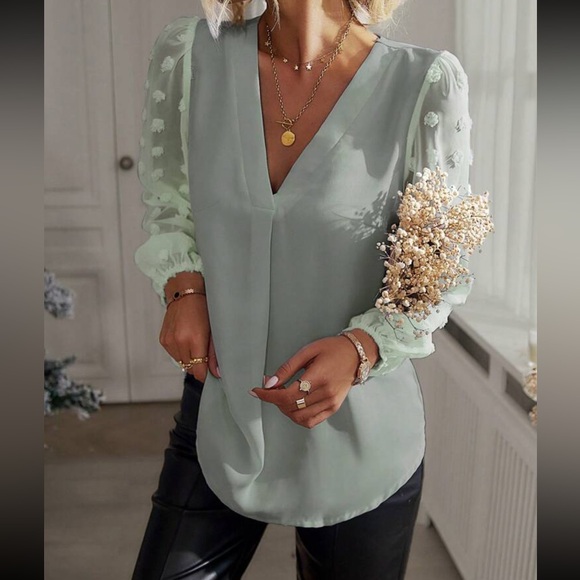 Luxe blue  V neck Swiss dot sleeve blouse - Picture 5 of 15